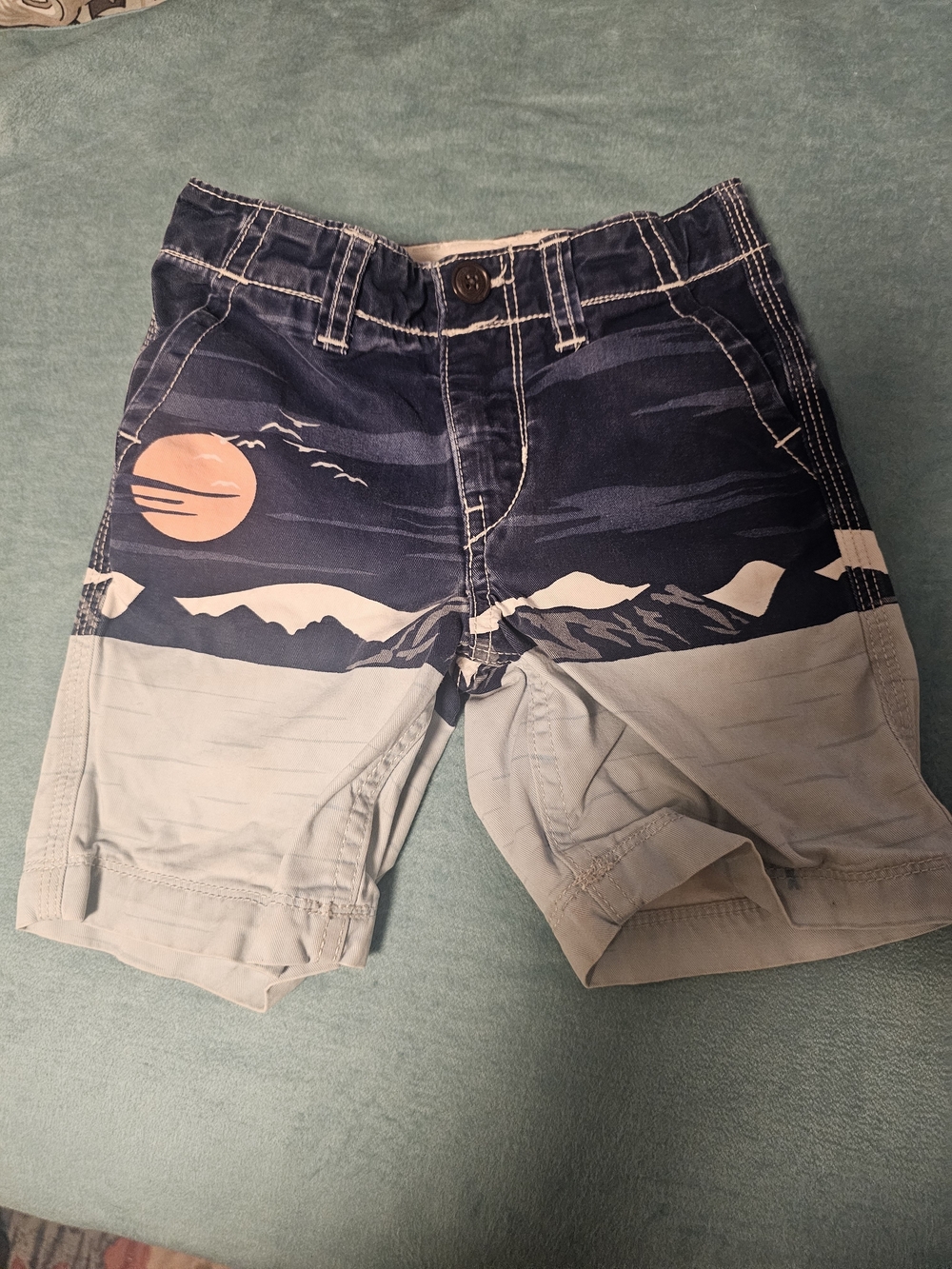 BABY GAP Boys Scenic Print Shorts Sz 4 Yr - Navy and Light Blue with Peach Sun